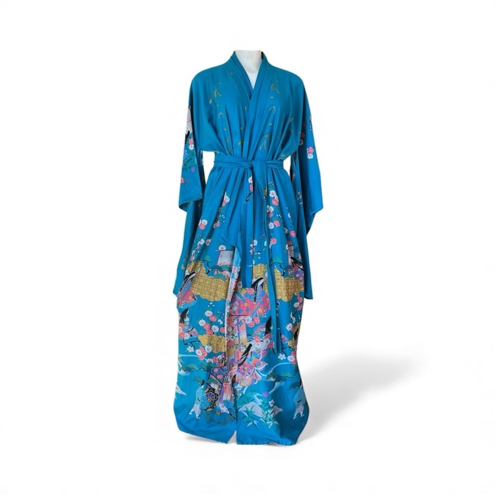 Smithsonian Turquoise Floral Kimono Robe 100% Cotton Women’s Size M Japan - Picture 3 of 11